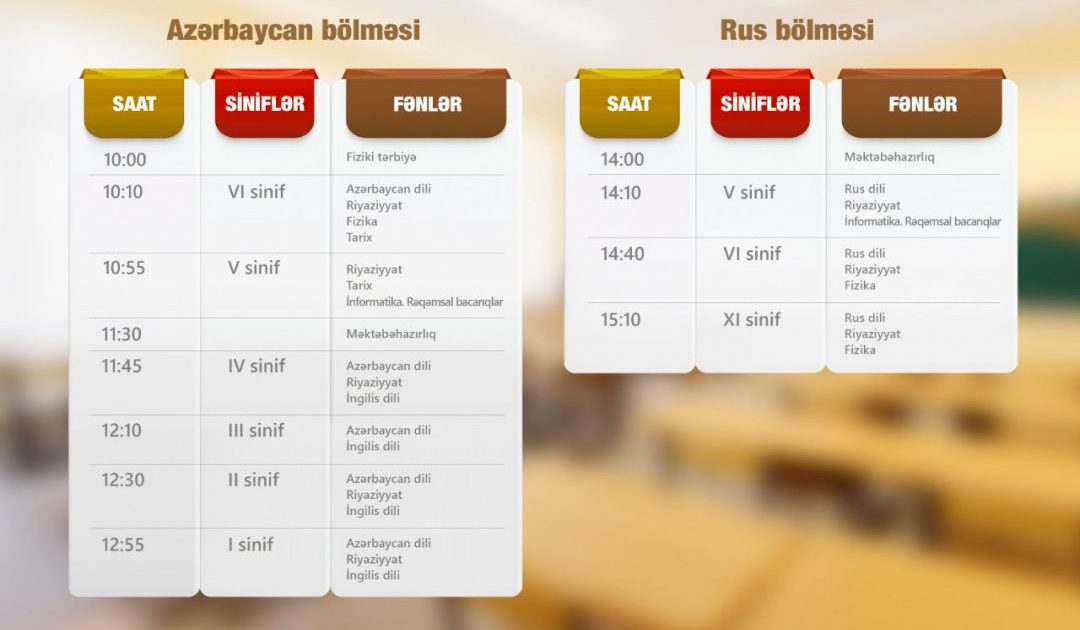 "Dərs vaxtı"nın sabaha olan CƏDVƏLİ 1 “Dərs vaxtı”nın sabaha olan CƏDVƏLİ