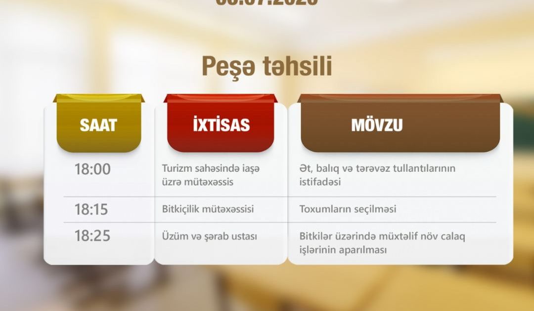 Peşə təhsili üzrə teledərslərin 6 iyul cədvəli