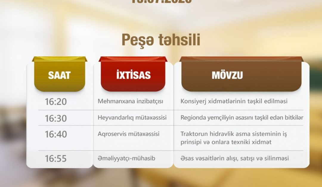 Peşə təhsili üzrə teledərslərin 13 iyul CƏDVƏLİ