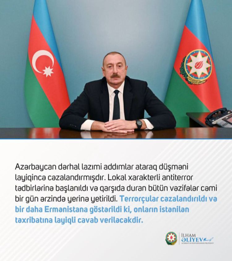 Antiterror əməliyyatı nəticəsində Azərbaycan öz suverenliyini bərpa etdi
